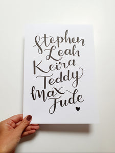 Personalised Hand Lettered Family Names Wall Art