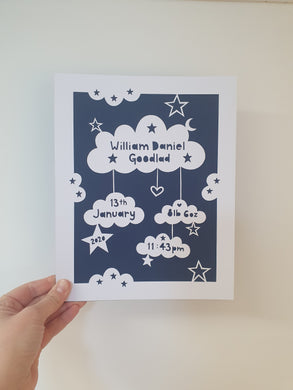 Personalised Birth Details Cloud Papercut