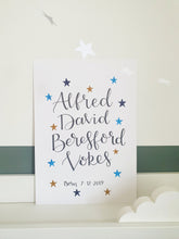 Load image into Gallery viewer, Hand Lettered Names &amp; Date of Birth/Christening piece with Stars