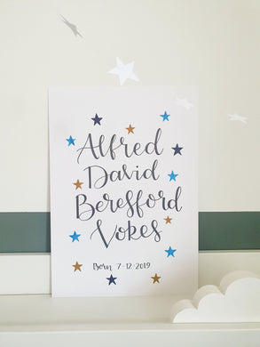 Hand Lettered Names & Date of Birth/Christening piece with Stars