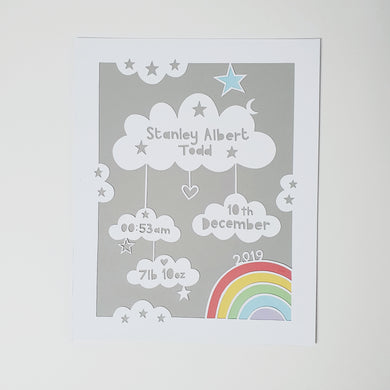 Personalised clouds papercut with rainbow