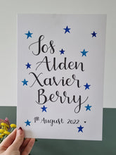 Load image into Gallery viewer, Hand Lettered Names &amp; Date of Birth/Christening piece with Stars