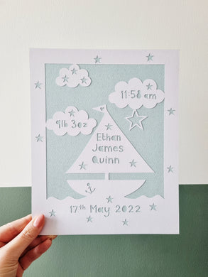 Personalised Nautical Birth Details Papercut