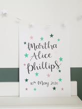 Load image into Gallery viewer, Hand Lettered Names &amp; Date of Birth/Christening piece with Stars