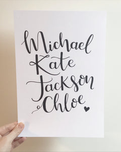 Personalised Hand Lettered Family Names Wall Art