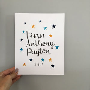 Hand Lettered Names & Date of Birth/Christening piece with Stars