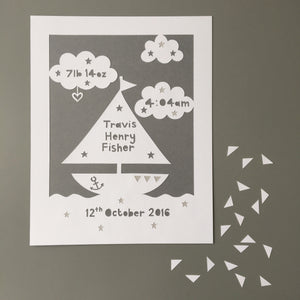 Personalised Nautical Birth Details Papercut
