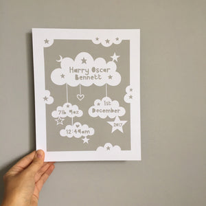 Personalised Birth Details Cloud Papercut