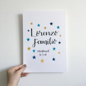 Hand Lettered Names & Date of Birth/Christening piece with Stars