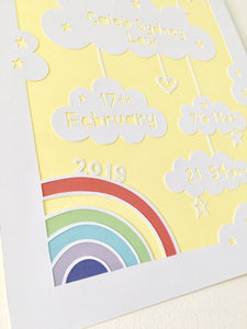 Personalised clouds papercut with rainbow