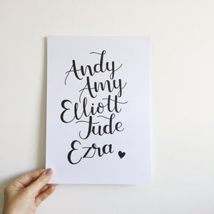 Personalised Hand Lettered Family Names Wall Art